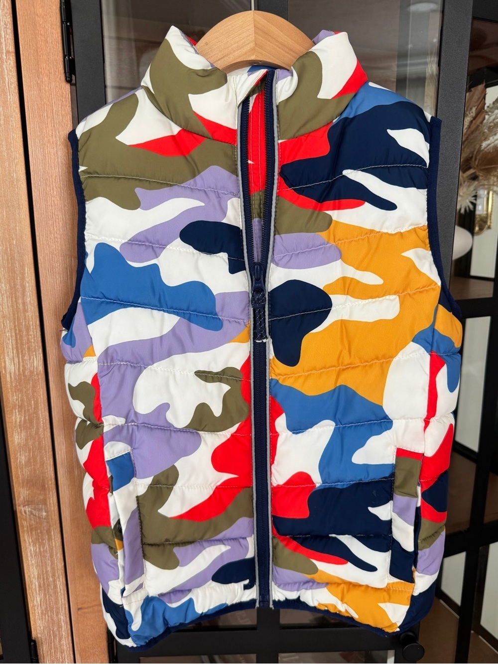 Mini Boden puffer vest camo colorful zipper jacket full zip pockets boys